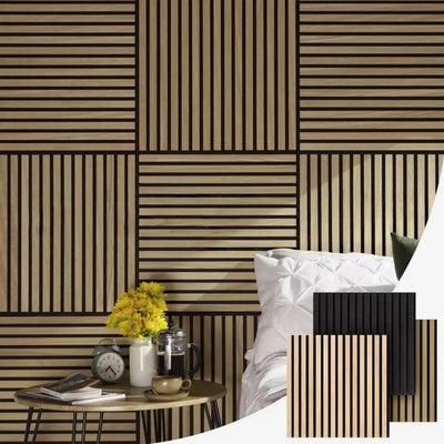 Pack of x4 Natural Light Oak 60x60cm Acoustic Square 3D Slatted Wood Wall Panel Box