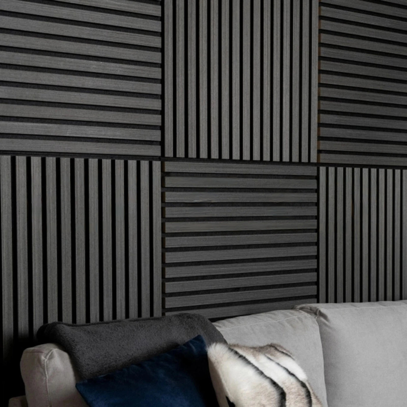 Pack of x4 Charcoal Black 60x60cm Acoustic Square 3D Slatted Wood Wall Panel Box
