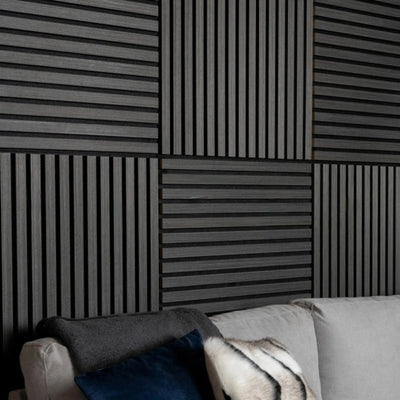 Pack of x4 Charcoal Black 60x60cm Acoustic Square 3D Slatted Wood Wall Panel Box
