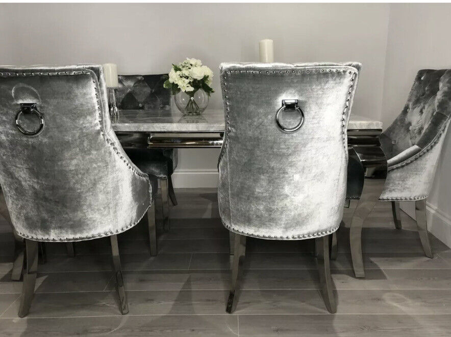 Louis Marble & Chrome Dining Table With Shimmer Chrome Ring Knocker Chairs