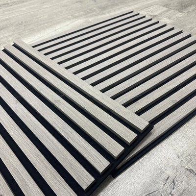 Pack of x4 Ash Grey 60x60cm Acoustic Square 3D Slatted Wood Wall Panel Box