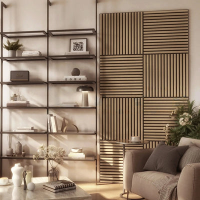 Pack of x4 Natural Light Oak 60x60cm Acoustic Square 3D Slatted Wood Wall Panel Box