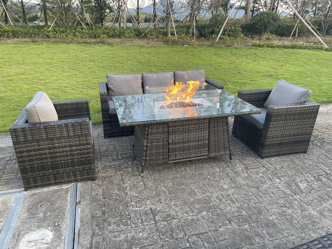 Outdoor 6 Options PE Rattan Garden Furniture Gas Fire Pit Heater Dining Table Sets