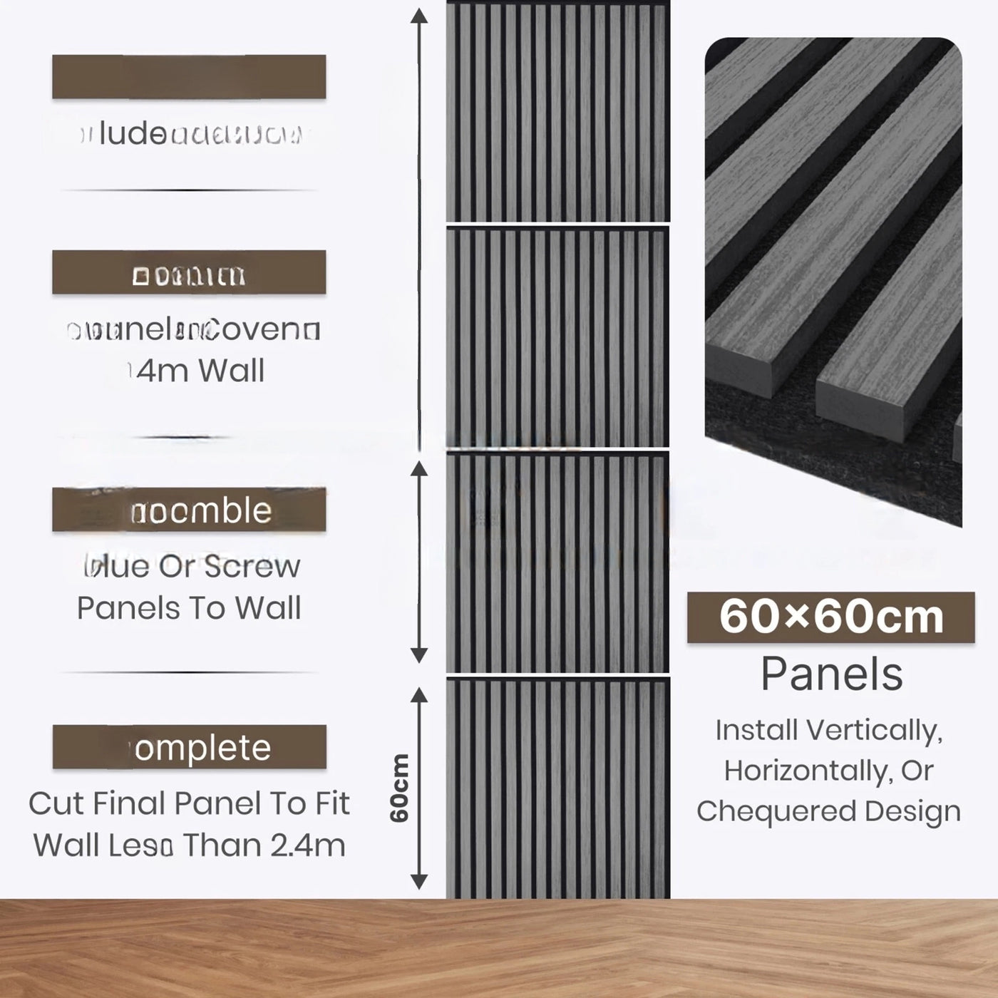 Pack of x4 Charcoal Black 60x60cm Acoustic Square 3D Slatted Wood Wall Panel Box