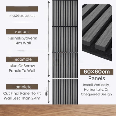 Pack of x4 Charcoal Black 60x60cm Acoustic Square 3D Slatted Wood Wall Panel Box