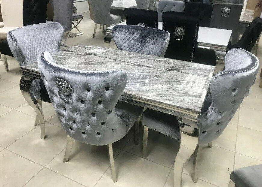 Louis Marble & Chrome Dining Table With Shimmer Valente Lion Knocker Chairs