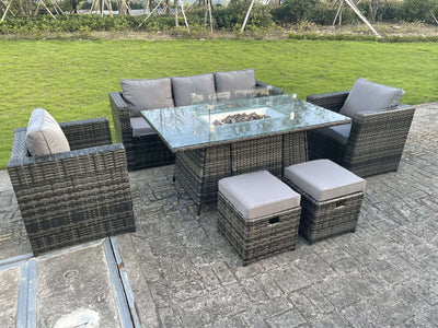 Outdoor 6 Options PE Rattan Garden Furniture Gas Fire Pit Heater Dining Table Sets