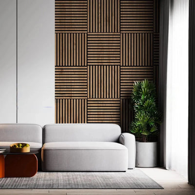 Pack of x4 Natural Light Oak 60x60cm Acoustic Square 3D Slatted Wood Wall Panel Box