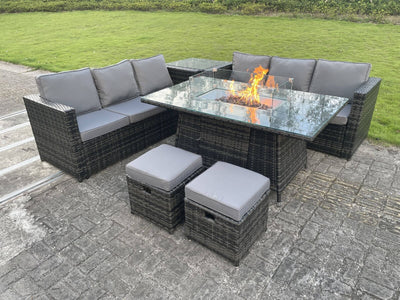 Outdoor 6 Options PE Rattan Garden Furniture Gas Fire Pit Heater Dining Table Sets