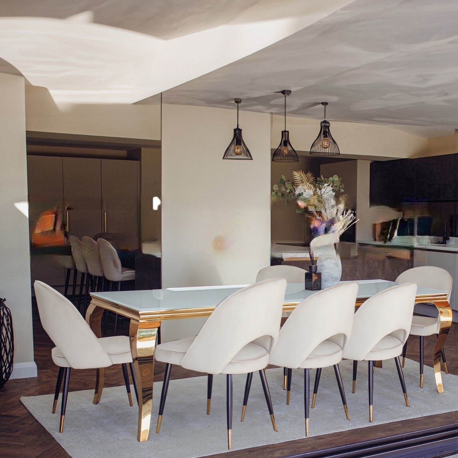 Louis Glass & Gold Dining Table With Astra Velvet / Leather Chairs Esme Furnishings