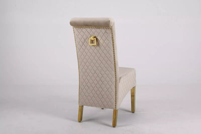 Marcelo Velvet Gold Ring Slim Quilted Knocker Dining Chairs Gold Legs - Pairs - 2 Colours Brown/Beige