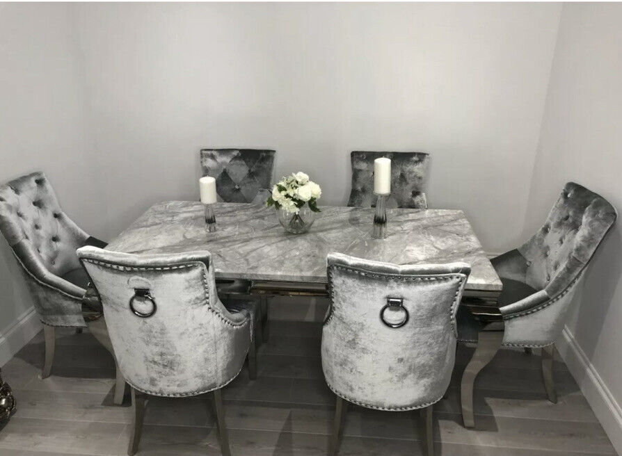 Louis Marble & Chrome Dining Table With Shimmer Chrome Ring Knocker Chairs