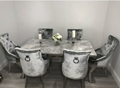 Louis Marble & Chrome Dining Table With Shimmer Chrome Ring Knocker Chairs