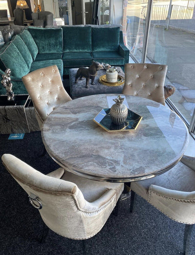 Arial 130cm Marble Round Dining Table With Shimmer Chrome Ring Knocker Chairs