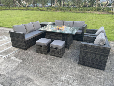 Outdoor 6 Options PE Rattan Garden Furniture Gas Fire Pit Heater Dining Table Sets