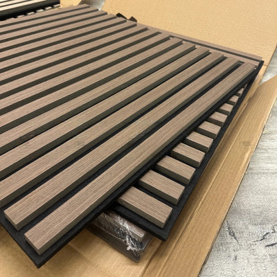Pack of x4 Walnut 60x60cm Acoustic Square 3D Slatted Wood Wall Panel Box