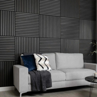 Pack of x4 Charcoal Black 60x60cm Acoustic Square 3D Slatted Wood Wall Panel Box