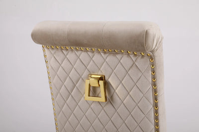 Marcelo Velvet Gold Ring Slim Quilted Knocker Dining Chairs Gold Legs - Pairs - 2 Colours Brown/Beige