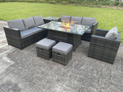 8 Seater Rattan Outdoor Garden Furniture Set With Gas Fire Pit Table