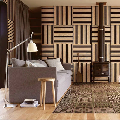Pack of x4 Natural Light Oak 60x60cm Acoustic Square 3D Slatted Wood Wall Panel Box