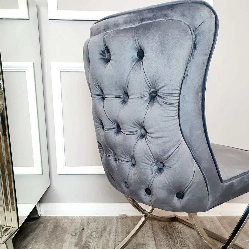 Sandy Dark Grey French Plush Velvet Button Back Dining Chair With Chrome Legs
