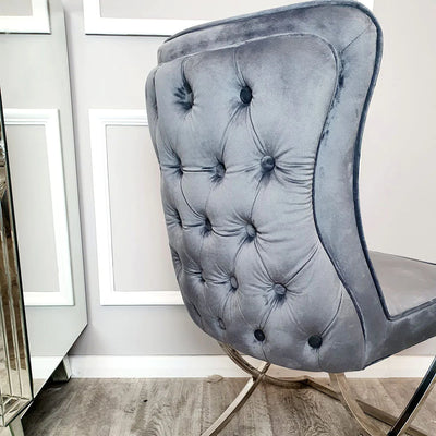 Sandy Dark Grey French Plush Velvet Button Back Dining Chair With Chrome Legs