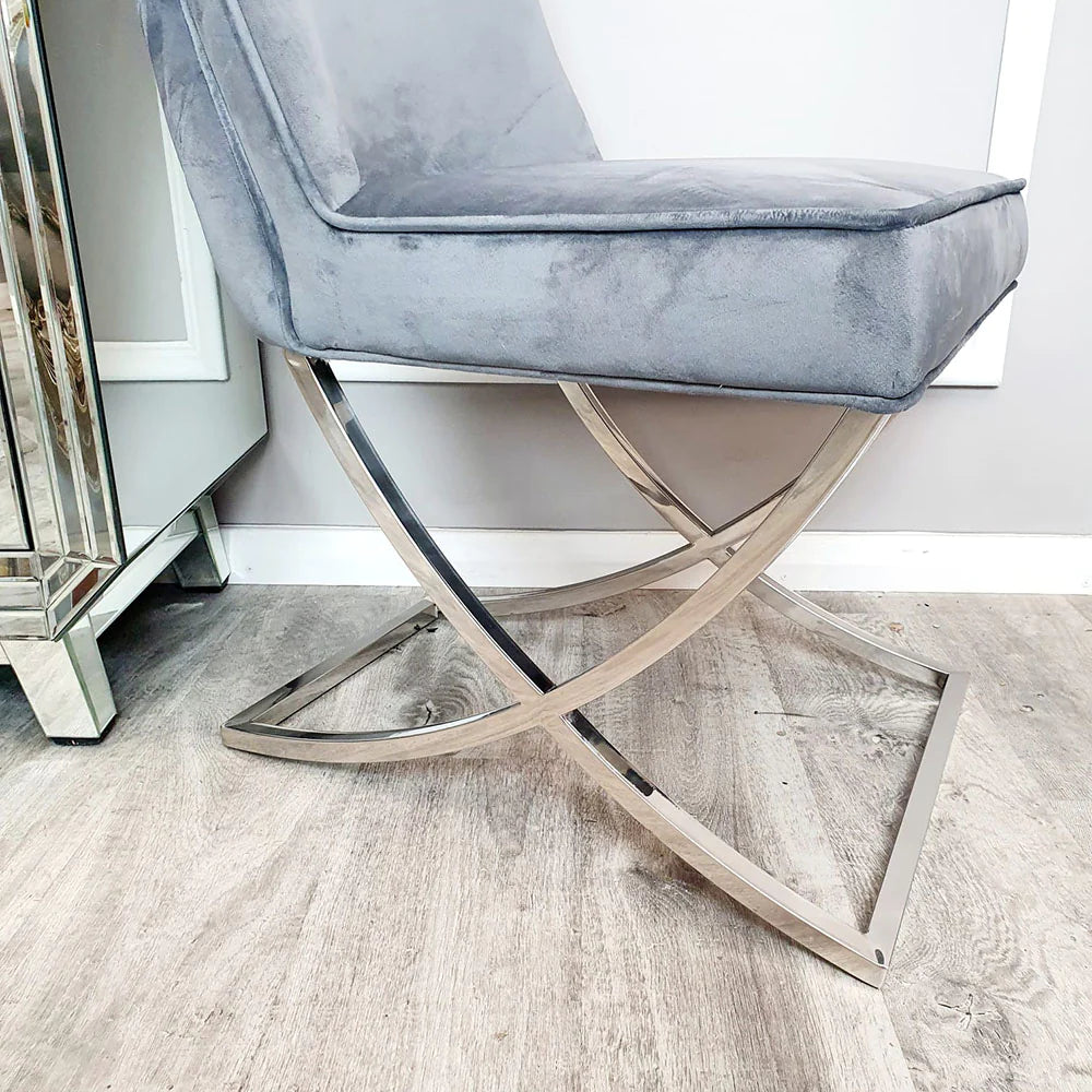 Sandy Dark Grey French Plush Velvet Button Back Dining Chair With Chrome Legs