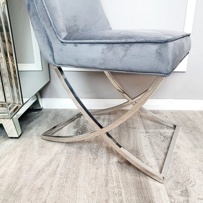 Sandy Dark Grey French Plush Velvet Button Back Dining Chair With Chrome Legs