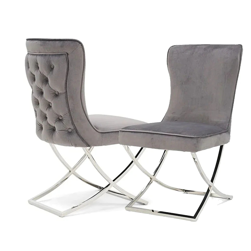 Sandy Dark Grey French Plush Velvet Button Back Dining Chair With Chrome Legs