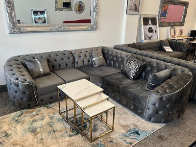 Karimah Luxury Velvet Fabric Sofa Collection Grey / Silver Trim