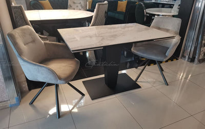 Valentina 120-180cm White Ceramic Marble Extending Table + Grey Velvet Swivel Dining Chairs
