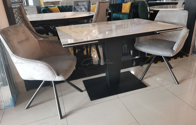 Valentina 120-180cm White Ceramic Marble Extending Table + Grey Velvet Swivel Dining Chairs