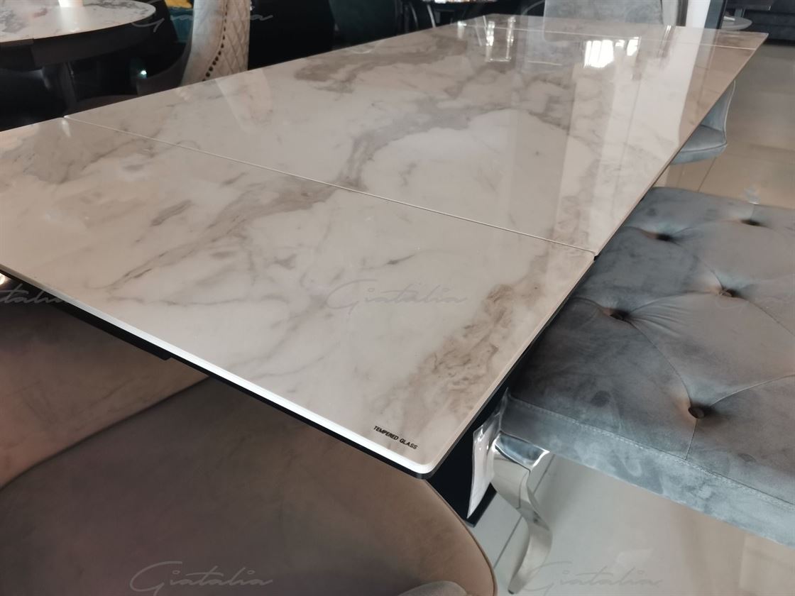 Valentina 120-180cm White Ceramic Marble Extending Table + Grey Velvet Swivel Dining Chairs