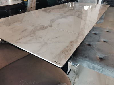Valentina 120-180cm White Ceramic Marble Extending Table + Grey Velvet Swivel Dining Chairs