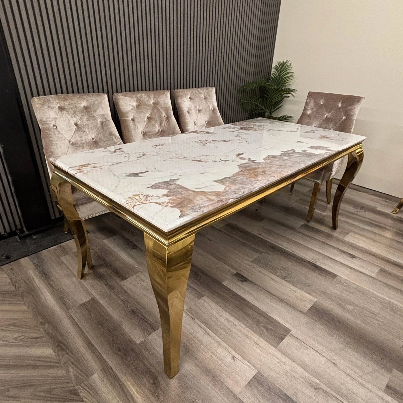 Louis Pandora Gold Marble Dining Table With Gold Lion Knocker Dining Chairs