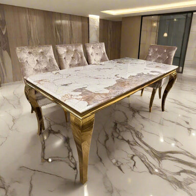 Louis Pandora Gold Marble Dining Table With Gold Lion Knocker Dining Chairs