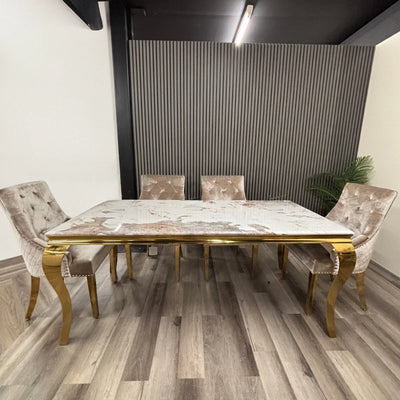 Louis Pandora Gold Marble Dining Table With Gold Lion Knocker Dining Chairs