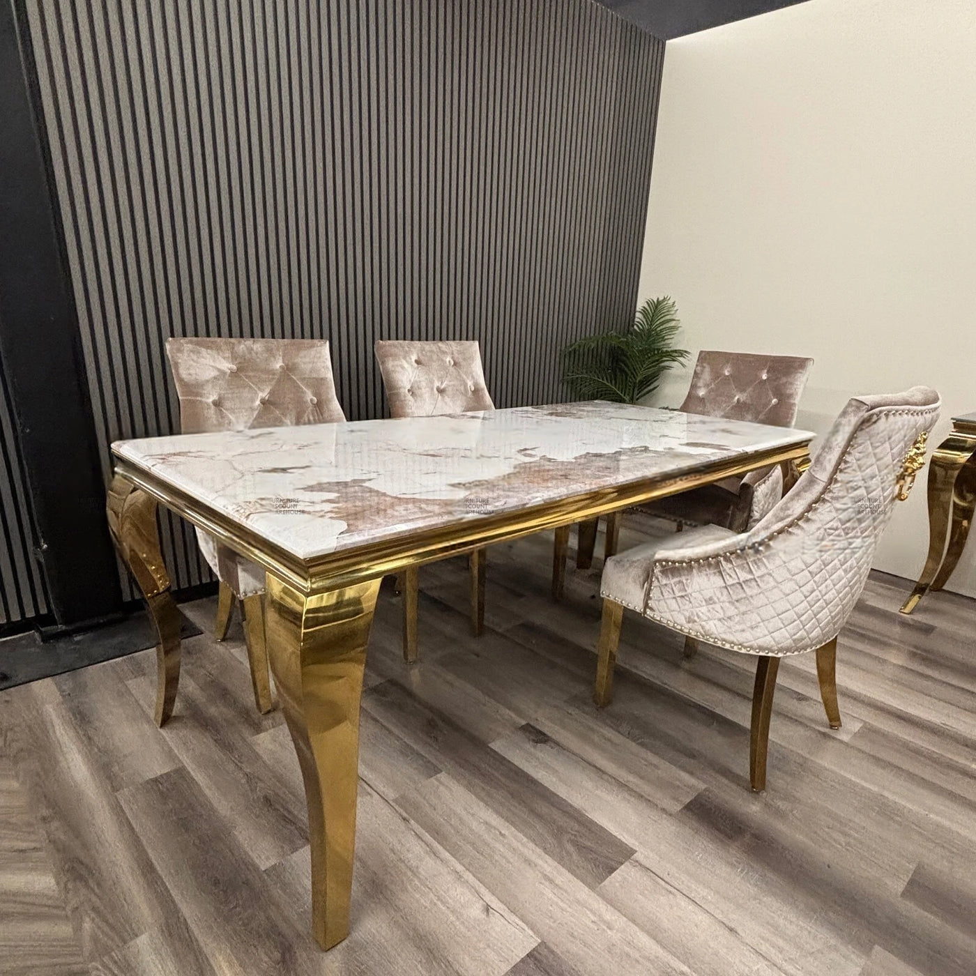 Louis Pandora Gold Marble Dining Table With Gold Lion Knocker Dining Chairs