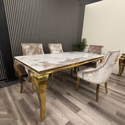 Louis Pandora Gold Marble Dining Table With Gold Lion Knocker Dining Chairs