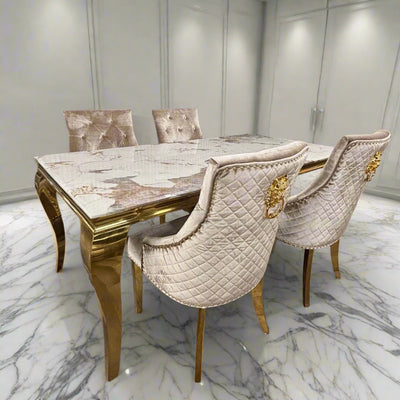 Louis Pandora Gold Marble Dining Table With Gold Lion Knocker Dining Chairs