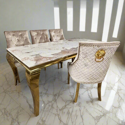 Louis Pandora Gold Marble Dining Table With Gold Lion Knocker Dining Chairs