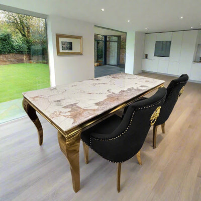 Louis Pandora Gold Marble Dining Table With Gold Lion Knocker Dining Chairs