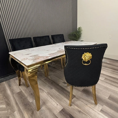 Louis Pandora Gold Marble Dining Table With Gold Lion Knocker Dining Chairs