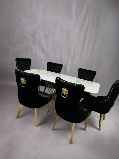 Orion 180cm White/Gold Dining Table With Victoria Lion Knocker Velvet Gold Chairs