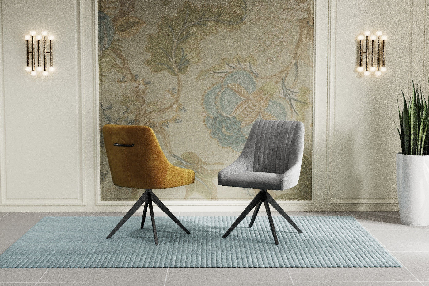 Nova 160-240cm White Ceramic Marble Side Extending Dining Table With Swivel Velvet Dining Chairs