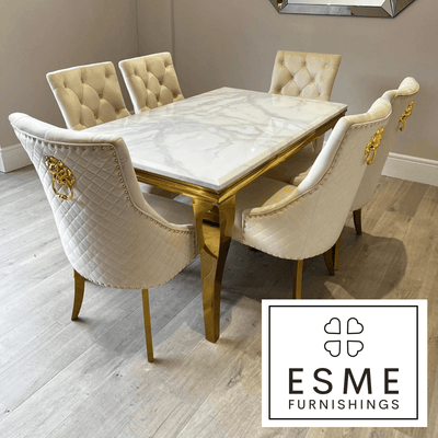 Louis 150cm Marble & GOLD Dining Table + Gold Lion Knocker Dining Chairs-Esme Furnishings