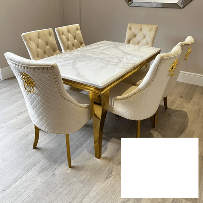Louis Gold Marble Dining Table With Gold Lion Knocker Dining Chairs-Esme Furnishings