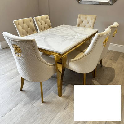 Louis Gold Marble Dining Table With Gold Lion Knocker Dining Chairs-Esme Furnishings