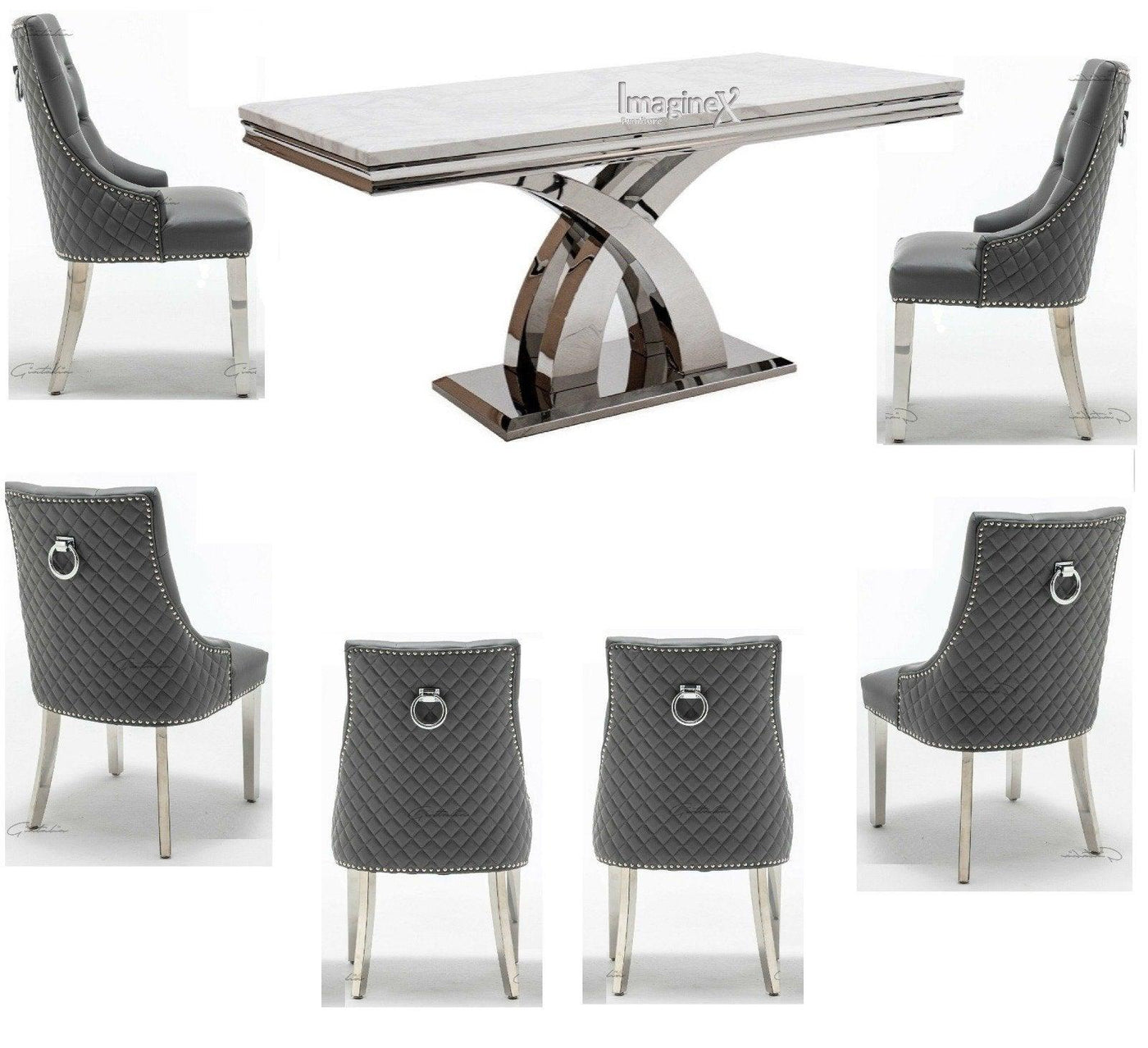 Ottavia 180cm White Marble Dining Table + Grey Chrome Ring Knocker Faux Leather Chairs-Esme Furnishings