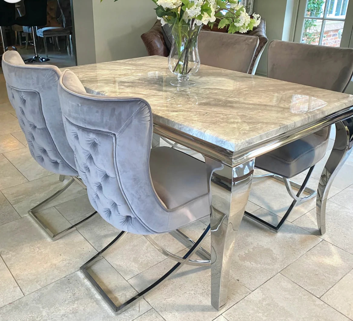 Louis 120cm Grey Marble Dining Table + Belgravia Dark Grey Plush Velvet Button Dining Chairs